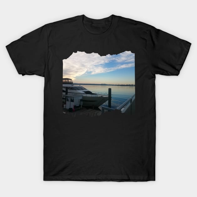 Sunset by the ocean city in USA photography design boat T-Shirt by BoogieCreates